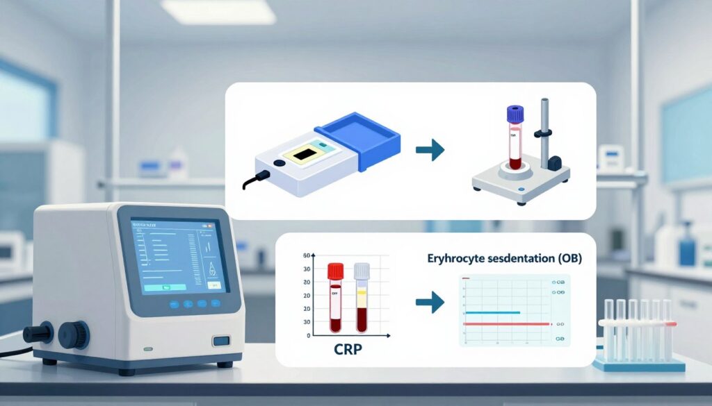 A detailed academic illustration comparing CRP and erythrocyte sedimentation rate (OB) tests. In the foreground, a well-organized laboratory setting with advanced medical equipment displaying vials of blood samples and analysis charts. The middle layer features two distinct sections: one showing a CRP testing kit and the other illustrating a traditional OB test setup, both labeled with clear visual indicators. In the background, a soft-focus, well-lit environment resembling a medical facility, with sterile white walls and subtle blue accents creating a calm atmosphere. The lighting is bright yet soft, enhancing the clarity of the laboratory elements. The overall mood is informative and professional, suitable for an educational context. A detailed academic illustration comparing CRP and erythrocyte sedimentation rate (OB) tests. In the foreground, a well-organized laboratory setting with advanced medical equipment displaying vials of blood samples and analysis charts. The middle layer features two distinct sections: one showing a CRP testing kit and the other illustrating a traditional OB test setup, both labeled with clear visual indicators. In the background, a soft-focus, well-lit environment resembling a medical facility, with sterile white walls and subtle blue accents creating a calm atmosphere. The lighting is bright yet soft, enhancing the clarity of the laboratory elements. The overall mood is informative and professional, suitable for an educational context.