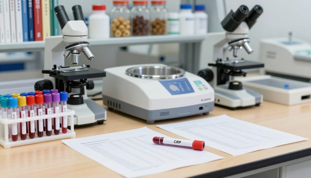 A detailed and clean laboratory setting illustrating blood test results. In the foreground, a neatly organized wooden desk is topped with a variety of colorful tubes filled with blood samples, test results printed on white paper, showcasing values for OB (erythrocyte sedimentation rate) and CRP (C-reactive protein). In the middle, a pair of medical analysis instruments can be seen, including a microscope and a centrifuge, adding a sense of professionalism. The background features shelves lined with medical textbooks and glass jars filled with various medical supplies. Soft, diffused lighting creates a calm atmosphere, emphasizing the seriousness of medical diagnostics. The composition should highlight the importance of blood tests in medical assessment, without including any people or text overlays.