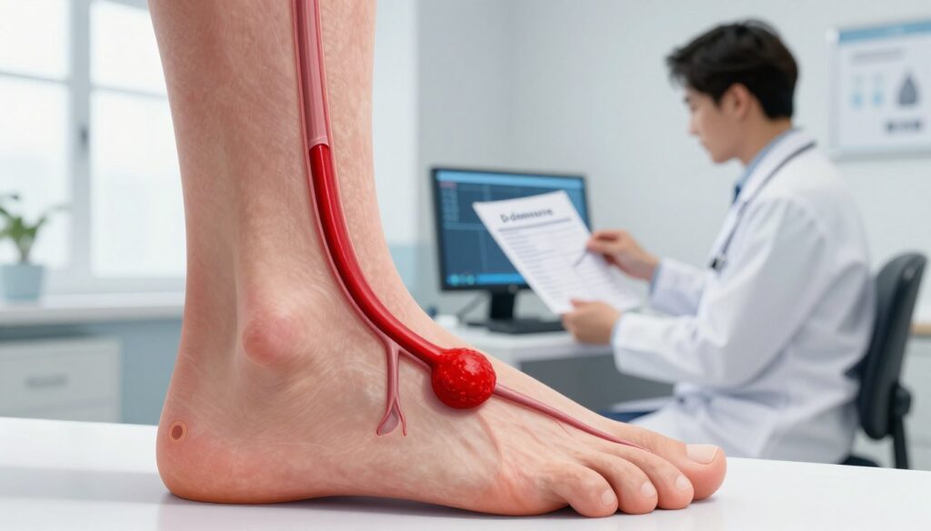 A detailed and educational illustration of deep vein thrombosis (DVT) in a medical context. In the foreground, a cross-sectional view of a human leg highlighting the affected veins with a distinct blood clot. The clotted area should be colored vividly red to indicate inflammation and blockage. In the middle ground, a professional healthcare provider, dressed in a white lab coat, is examining a medical chart or a digital display showing D-dimer test results. The background should feature a clean, clinical environment, such as a modern medical office with natural lighting pouring in through a window, creating a calm and informative atmosphere. Use a focus lens to emphasize the foreground details while softly blurring the background, conveying a sense of urgency and professionalism in the diagnosis of thrombosis.