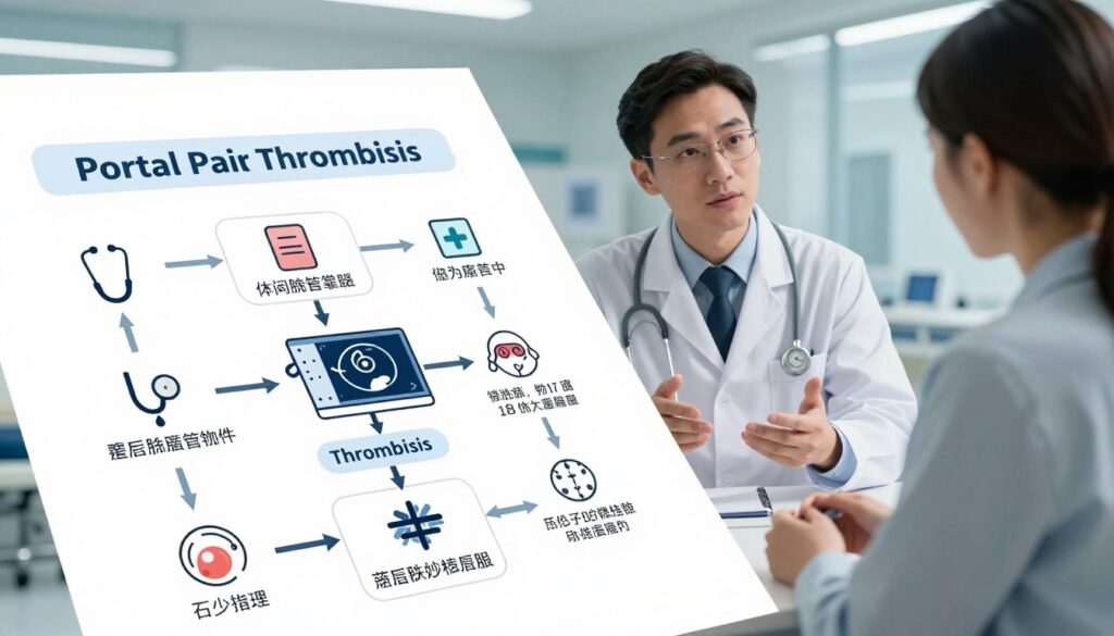 A detailed and informative illustration depicting the medical algorithm for managing portal vein thrombosis. The foreground features a clear step-by-step flowchart illustrating each stage of medical intervention, incorporating icons and symbols like a stethoscope and diagnostic imaging. In the middle ground, show a medical professional in a white coat, deeply engaged in discussing the algorithm with a patient, illustrating the human aspect of care. The background displays a modern hospital environment with soft, ambient lighting, creating a calm and clinical atmosphere. Use a slightly elevated angle to capture both the chart and the interaction, ensuring clarity and focus on the key elements of the medical procedure. The overall mood should convey professionalism and reassurance in medical treatment. A detailed and informative illustration depicting the medical algorithm for managing portal vein thrombosis. The foreground features a clear step-by-step flowchart illustrating each stage of medical intervention, incorporating icons and symbols like a stethoscope and diagnostic imaging. In the middle ground, show a medical professional in a white coat, deeply engaged in discussing the algorithm with a patient, illustrating the human aspect of care. The background displays a modern hospital environment with soft, ambient lighting, creating a calm and clinical atmosphere. Use a slightly elevated angle to capture both the chart and the interaction, ensuring clarity and focus on the key elements of the medical procedure. The overall mood should convey professionalism and reassurance in medical treatment.
