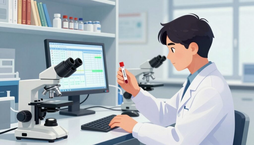 A detailed and informative illustration of D-dimer result interpretation, set in a well-lit medical analysis laboratory. In the foreground, a lab technician in professional attire examines a test tube filled with a blood sample, looking focused and attentive to the results. The middle ground features a digital display showing critical D-dimer levels and interpretation charts, while other lab equipment like microscopes and centrifuges are visible. In the background, shelves lined with medical textbooks and vials create a clinical atmosphere. The setting is bright and sterile, reflecting professionalism and precision, with soft, diffused lighting that emphasizes clarity and cleanliness. The entire composition conveys an analytical mood, suitable for the subject matter. The image should be devoid of any text or annotations. A detailed and informative illustration of D-dimer result interpretation, set in a well-lit medical analysis laboratory. In the foreground, a lab technician in professional attire examines a test tube filled with a blood sample, looking focused and attentive to the results. The middle ground features a digital display showing critical D-dimer levels and interpretation charts, while other lab equipment like microscopes and centrifuges are visible. In the background, shelves lined with medical textbooks and vials create a clinical atmosphere. The setting is bright and sterile, reflecting professionalism and precision, with soft, diffused lighting that emphasizes clarity and cleanliness. The entire composition conveys an analytical mood, suitable for the subject matter. The image should be devoid of any text or annotations.