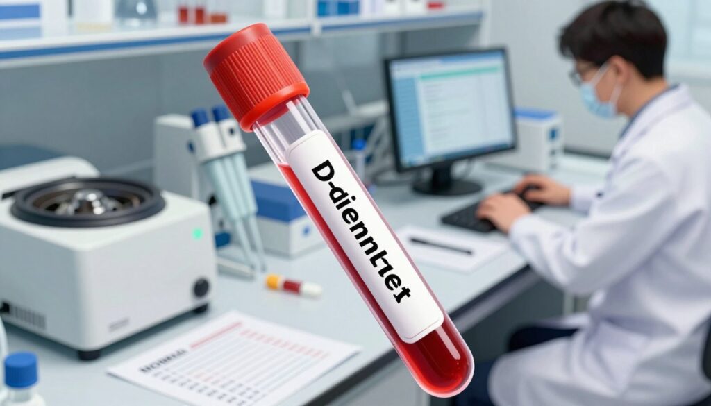 A detailed and informative illustration of a blood sample test indicating elevated D-dimer levels. In the foreground, a close-up of a clear glass tube filled with crimson blood, labeled with a medical tag showing a D-dimer level measurement. The middle ground features a well-organized laboratory setting with medical equipment, such as centrifuges, pipettes, and charts depicting normal D-dimer ranges. In the background, a faintly visible medical professional in a lab coat is analyzing data on a computer, illustrating a clinical environment. Soft, diffused lighting enhances the professional atmosphere, while a shallow depth of field keeps focus on the blood test. The overall mood is serious and scientific, reflecting a moment of critical analysis in medical research. A detailed and informative illustration of a blood sample test indicating elevated D-dimer levels. In the foreground, a close-up of a clear glass tube filled with crimson blood, labeled with a medical tag showing a D-dimer level measurement. The middle ground features a well-organized laboratory setting with medical equipment, such as centrifuges, pipettes, and charts depicting normal D-dimer ranges. In the background, a faintly visible medical professional in a lab coat is analyzing data on a computer, illustrating a clinical environment. Soft, diffused lighting enhances the professional atmosphere, while a shallow depth of field keeps focus on the blood test. The overall mood is serious and scientific, reflecting a moment of critical analysis in medical research.