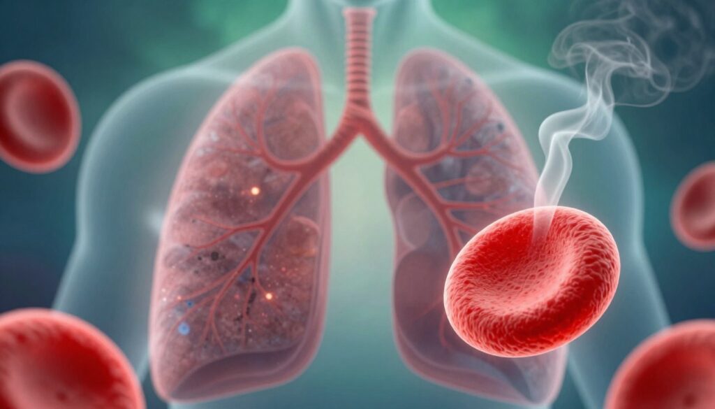 A detailed and informative illustration showing blood saturation levels in relation to smoking. In the foreground, depict a close-up of a healthy, glowing red blood cell against a translucent backdrop of a lung highlighted by pollutants, illustrating the impact of smoking. In the middle ground, include a subtle representation of a human silhouette with visible arteries and veins, surrounded by soft, diffused lighting to emphasize the heart and circulation. The background should have a gradient of blues and greens, symbolizing healthy oxygen levels, contrasted by smoky, grayish tendrils to represent the adverse effects of cigarette smoke. The overall mood should be scientific yet approachable, conveying the seriousness of the topic while remaining engaging and informative. Focus on clarity and detail in the anatomy, avoiding any clutter or distraction. A detailed and informative illustration showing blood saturation levels in relation to smoking. In the foreground, depict a close-up of a healthy, glowing red blood cell against a translucent backdrop of a lung highlighted by pollutants, illustrating the impact of smoking. In the middle ground, include a subtle representation of a human silhouette with visible arteries and veins, surrounded by soft, diffused lighting to emphasize the heart and circulation. The background should have a gradient of blues and greens, symbolizing healthy oxygen levels, contrasted by smoky, grayish tendrils to represent the adverse effects of cigarette smoke. The overall mood should be scientific yet approachable, conveying the seriousness of the topic while remaining engaging and informative. Focus on clarity and detail in the anatomy, avoiding any clutter or distraction.