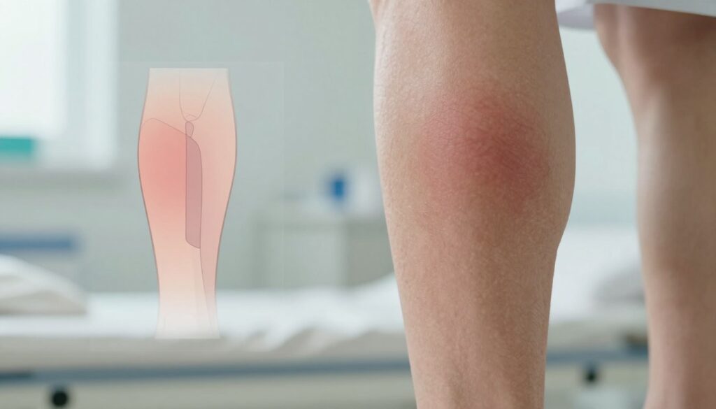A detailed and informative image depicting skin changes associated with thrombosis. In the foreground, showcase a close-up view of a leg with visible signs of discoloration, swelling, or unusual rashes, illustrating the condition of the skin vividly. The middle ground should include a subtle diagrammatic overlay that highlights the areas affected, enhancing comprehension without overwhelming the viewer. The background should be a soft-focus hospital setting to convey a medical context, with calming neutral tones that evoke a sense of professionalism and reassurance. The lighting is bright but gentle, emphasizing the skin's textures without harsh contrasts. The overall mood should be informative and clinical, aimed at educating viewers about the symptoms of this condition in an accessible manner.