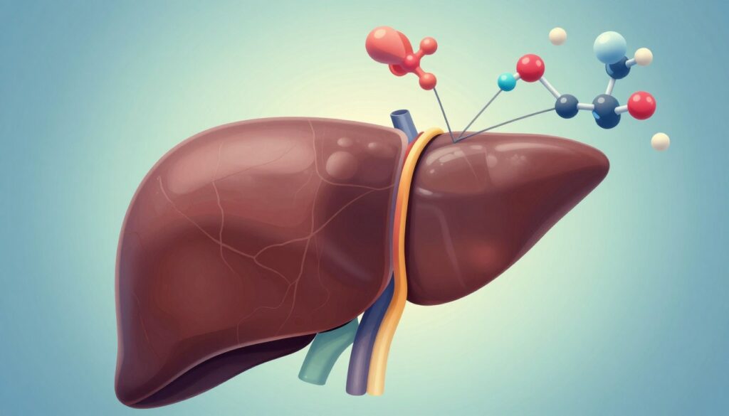 A detailed and informative medical illustration of the liver's role in producing acute phase proteins, prominently featuring a highly realistic liver anatomy in the foreground, accurately colored and textured. In the middle ground, visualize proteins and molecular structures symbolizing acute phase proteins, like CRP, represented as vibrant, dynamic illustrations, connected to the liver through fine, intricate lines. The background should be a smooth gradient of soft blues and greens, suggesting a clinical, sterile atmosphere. Use soft, diffuse lighting to create an educational yet engaging mood, with a shallow depth of field to keep the focus on the liver and molecular illustrations. The angle should be slightly elevated, providing a comprehensive view that emphasizes the connection between the liver and protein synthesis.