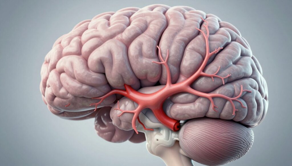 A detailed and intricate illustration of brain venous thrombosis, showcasing a cross-sectional view of the human brain with a focus on the cerebral veins. In the foreground, highlight the thrombosed veins with a vivid red color, signifying a clot, contrasted against the soft, pale gray of healthy brain tissue. In the middle ground, display brain structures like the cortex and cerebellum, bathed in soft, diffused lighting to enhance the three-dimensional contour and texture. The background should be subtly blurred to draw attention to the foreground details while maintaining a professional and educational atmosphere. Emphasize clarity and realism, using a macro lens perspective to capture fine details, illustrating the urgency and importance of understanding risk factors of thrombosis. The overall mood should be serious and informative, ideal for a medical article.