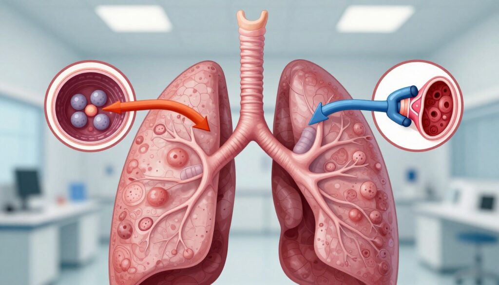A detailed and intricate illustration of the mechanisms of respiratory system hypoxia. In the foreground, depict a human respiratory system, including the lungs and trachea, showing impacted areas with color coding to indicate reduced oxygen saturation. The middle layer features a close-up of alveoli and capillaries, demonstrating the exchange of oxygen and carbon dioxide, with arrows illustrating flow directions. The background should include a blurry, clinical environment, suggesting a medical setting with soft, diffused lighting to create a serious and informative atmosphere. Use a slight top-down angle to emphasize the details of the respiratory structures. The overall mood should convey scientific professionalism and urgency in understanding the effects of infections on breathing. No text or annotations. A detailed and intricate illustration of the mechanisms of respiratory system hypoxia. In the foreground, depict a human respiratory system, including the lungs and trachea, showing impacted areas with color coding to indicate reduced oxygen saturation. The middle layer features a close-up of alveoli and capillaries, demonstrating the exchange of oxygen and carbon dioxide, with arrows illustrating flow directions. The background should include a blurry, clinical environment, suggesting a medical setting with soft, diffused lighting to create a serious and informative atmosphere. Use a slight top-down angle to emphasize the details of the respiratory structures. The overall mood should convey scientific professionalism and urgency in understanding the effects of infections on breathing. No text or annotations.