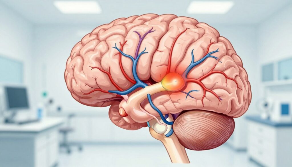 A detailed and scientific illustration of the human brain highlighting the venous sinuses and potential thrombus formation. In the foreground, a clear, anatomically accurate rendering of the brain is shown, focusing on the intricate network of veins and sinuses. The middle section includes visual indicators of inflammation and clotting with a subtle color gradient to emphasize areas of risk and concern. In the background, a soft, blurred illustration of medical equipment suggests a clinical environment, enhancing the educational aspect of the image. The lighting should be bright and clinical, simulating a well-lit laboratory or hospital setting. The overall mood should be informative and serious, aimed at educating viewers about venous thrombosis risks in the brain.