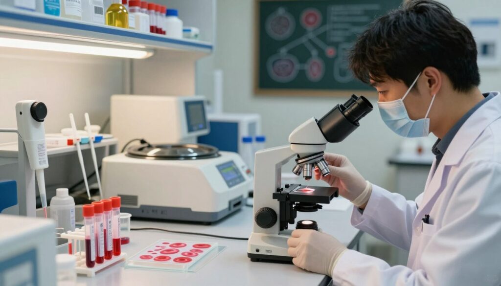 A detailed blood analysis laboratory scene focused on the concepts of blood morphology and coagulation parameters. In the foreground, a professional technician in a lab coat examines a blood sample under a microscope, showcasing vibrant red blood cells and platelets. The middle ground features various laboratory equipment, such as pipettes, centrifuges, and glass slides, all meticulously organized. In the background, a softly lit lab setting with shelves of blood analysis reagents and a chalkboard illustrating diagrams related to coagulation processes. The overall atmosphere is clinical and focused, emphasizing scientific inquiry and precision. Use warm lighting to create an inviting yet professional mood, capturing a moment of careful observation in a state-of-the-art laboratory environment.