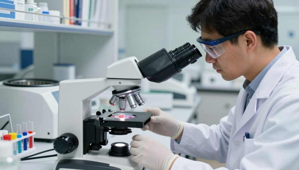 A detailed blood morphology analysis scene in a well-lit medical laboratory. In the foreground, a microscope with a high-fidelity lens is focused on a prepared blood slide, showing red blood cells, white blood cells, and platelets in vibrant colors. To the side, a lab technician in a pristine white lab coat, wearing gloves and safety goggles, is examining the slide carefully, showcasing professionalism and concentration. In the middle ground, lab equipment, such as centrifuges and test tubes with colorful reagents, add context to the busy environment. The background features shelves lined with medical books and additional lab apparatus, softly blurred to emphasize the technician and the microscope. The overall atmosphere is serious and focused, reflecting the importance of blood morphology in patient diagnostics.
