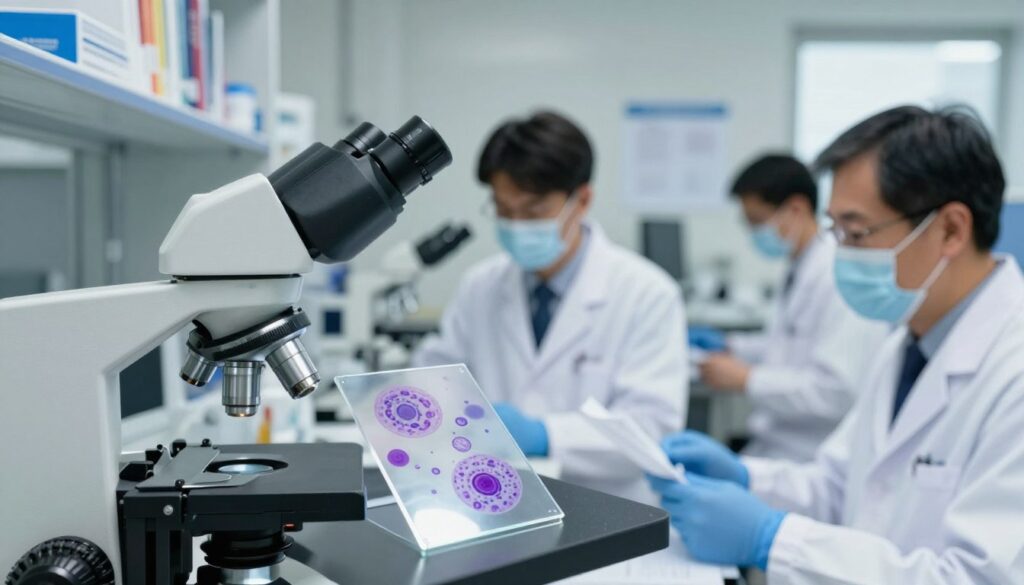A detailed clinical laboratory setting focused on cancer biomarkers, showcasing a microscope and various laboratory equipment. In the foreground, a close-up of a glass slide displaying stained tissue samples under the bright light of the microscope, emphasizing the intricate cell structures. In the middle ground, laboratory technicians in professional business attire analyzing test results, expressing concentration and engagement. In the background, shelves filled with medical books and research papers on oncology. The lighting is bright and clinical, with a slight focus on the slide and technicians, creating a mood of professionalism and scientific inquiry. The overall atmosphere is one of meticulous research, underscoring the significance of cancer markers in clinical practice. A detailed clinical laboratory setting focused on cancer biomarkers, showcasing a microscope and various laboratory equipment. In the foreground, a close-up of a glass slide displaying stained tissue samples under the bright light of the microscope, emphasizing the intricate cell structures. In the middle ground, laboratory technicians in professional business attire analyzing test results, expressing concentration and engagement. In the background, shelves filled with medical books and research papers on oncology. The lighting is bright and clinical, with a slight focus on the slide and technicians, creating a mood of professionalism and scientific inquiry. The overall atmosphere is one of meticulous research, underscoring the significance of cancer markers in clinical practice.