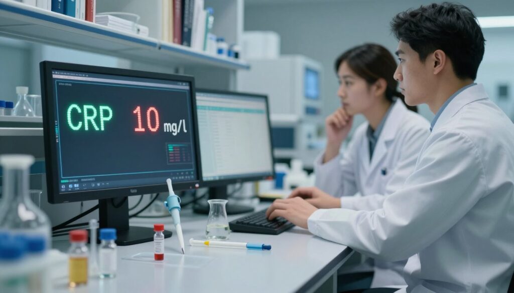 A detailed close-up of a medical laboratory scene showcasing a digital display indicating "CRP 10 mg/l," representing a mild inflammatory response. In the foreground, focus on a sleek lab workbench cluttered with vials, pipettes, and laboratory glassware, reflecting soft overhead lighting. In the middle ground, a researcher in a white lab coat examines the data on a computer screen with a thoughtful expression. The background should hint at high-tech lab equipment and shelves filled with medical books and research papers, bathed in a calm, sterile atmosphere. The overall mood should convey seriousness and professionalism, emphasizing the importance of accurate medical diagnostics. A detailed close-up of a medical laboratory scene showcasing a digital display indicating "CRP 10 mg/l," representing a mild inflammatory response. In the foreground, focus on a sleek lab workbench cluttered with vials, pipettes, and laboratory glassware, reflecting soft overhead lighting. In the middle ground, a researcher in a white lab coat examines the data on a computer screen with a thoughtful expression. The background should hint at high-tech lab equipment and shelves filled with medical books and research papers, bathed in a calm, sterile atmosphere. The overall mood should convey seriousness and professionalism, emphasizing the importance of accurate medical diagnostics.