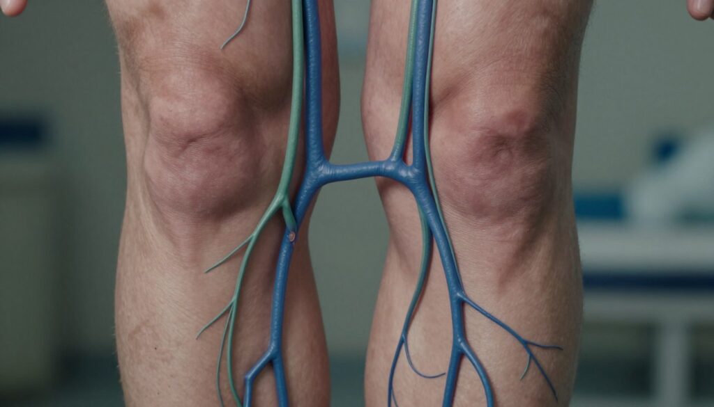 A detailed close-up of deep veins in human legs, highlighting signs of post-thrombotic syndrome with subtle variations in skin tone and texture to represent chronic venous insufficiency. The foreground focuses on the intricate network of blue and green veins, with soft, diffused lighting illuminating their contours. The middle ground features a blurred representation of healthy tissue surrounding the veins, creating a stark contrast. In the background, a faint outline of a hospital or clinical setting is visible, suggesting a medical context. The overall mood is serious yet educational, emphasizing the importance of understanding long-term effects after thrombosis. Use a macro lens perspective to capture intricate details, creating an informative and visually impactful image. A detailed close-up of deep veins in human legs, highlighting signs of post-thrombotic syndrome with subtle variations in skin tone and texture to represent chronic venous insufficiency. The foreground focuses on the intricate network of blue and green veins, with soft, diffused lighting illuminating their contours. The middle ground features a blurred representation of healthy tissue surrounding the veins, creating a stark contrast. In the background, a faint outline of a hospital or clinical setting is visible, suggesting a medical context. The overall mood is serious yet educational, emphasizing the importance of understanding long-term effects after thrombosis. Use a macro lens perspective to capture intricate details, creating an informative and visually impactful image.