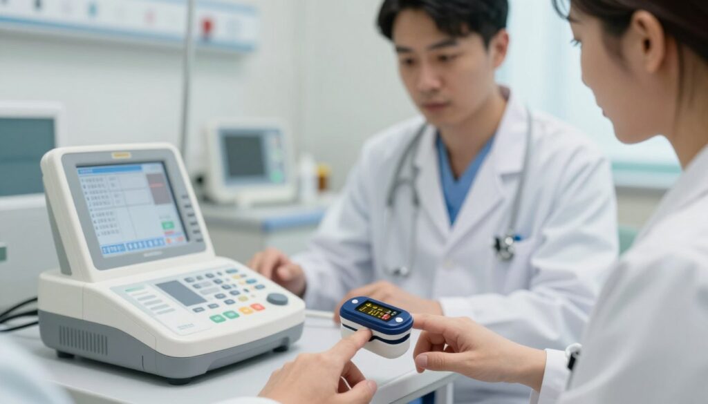 A detailed composition showcasing a medical setting focused on both pulse oximetry and blood gas analysis. In the foreground, a high-resolution pulse oximeter attached to a patient's finger, displaying vibrant and clear readings of blood oxygen levels. Beside it, a blood gas analyzer with a digital screen showing numerical values related to blood gases. In the middle ground, a healthcare professional, dressed in white scrubs and a lab coat, is intently examining the devices, reflecting a focused and professional demeanor. The background features a well-lit hospital room, with medical charts and equipment neatly arranged. Soft, natural lighting enhances the clinical atmosphere, while a shallow depth of field directs attention to the pulse oximeter and gas analyzer, emphasizing their importance in patient care.