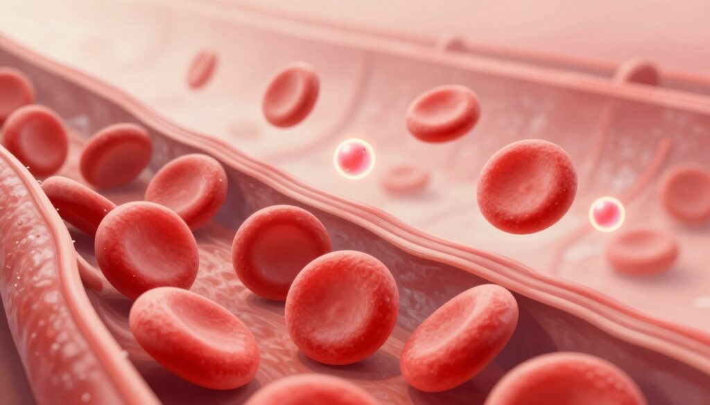 A detailed cross-section illustration of human blood vessels highlighting the mechanism of oxygen transport in the body. In the foreground, depict red blood cells richly colored in vibrant shades of red, moving through the capillaries. In the middle ground, show oxygen molecules (represented as glowing orbs) being released from the hemoglobin in the red blood cells. The background should consist of soft-focus blood vessel walls with a subtle gradient to convey depth. Use soft, diffused lighting to create a scientific yet approachable atmosphere. Incorporate a slight angle to emphasize the flow and movement of blood. The overall mood should be informative and engaging, suitable for educational purposes. A detailed cross-section illustration of human blood vessels highlighting the mechanism of oxygen transport in the body. In the foreground, depict red blood cells richly colored in vibrant shades of red, moving through the capillaries. In the middle ground, show oxygen molecules (represented as glowing orbs) being released from the hemoglobin in the red blood cells. The background should consist of soft-focus blood vessel walls with a subtle gradient to convey depth. Use soft, diffused lighting to create a scientific yet approachable atmosphere. Incorporate a slight angle to emphasize the flow and movement of blood. The overall mood should be informative and engaging, suitable for educational purposes.