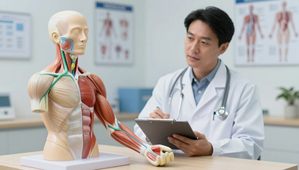 A detailed healthcare setting illustrating the differences between muscle strain and deep vein thrombosis (DVT). In the foreground, an anatomical model of a human arm showcasing veins with color-coded indicators—green for healthy circulation, red for areas affected by thrombosis. In the middle, a medical professional in a lab coat examines the model, taking notes with a focused expression. The background features a well-lit clinic with charts and diagrams on the walls related to vascular health. Soft, diffused lighting creates a professional yet approachable atmosphere, emphasizing the seriousness of the conditions being discussed. Capture the scene from a slightly elevated angle to provide a comprehensive view of the elements. A detailed healthcare setting illustrating the differences between muscle strain and deep vein thrombosis (DVT). In the foreground, an anatomical model of a human arm showcasing veins with color-coded indicators—green for healthy circulation, red for areas affected by thrombosis. In the middle, a medical professional in a lab coat examines the model, taking notes with a focused expression. The background features a well-lit clinic with charts and diagrams on the walls related to vascular health. Soft, diffused lighting creates a professional yet approachable atmosphere, emphasizing the seriousness of the conditions being discussed. Capture the scene from a slightly elevated angle to provide a comprehensive view of the elements.