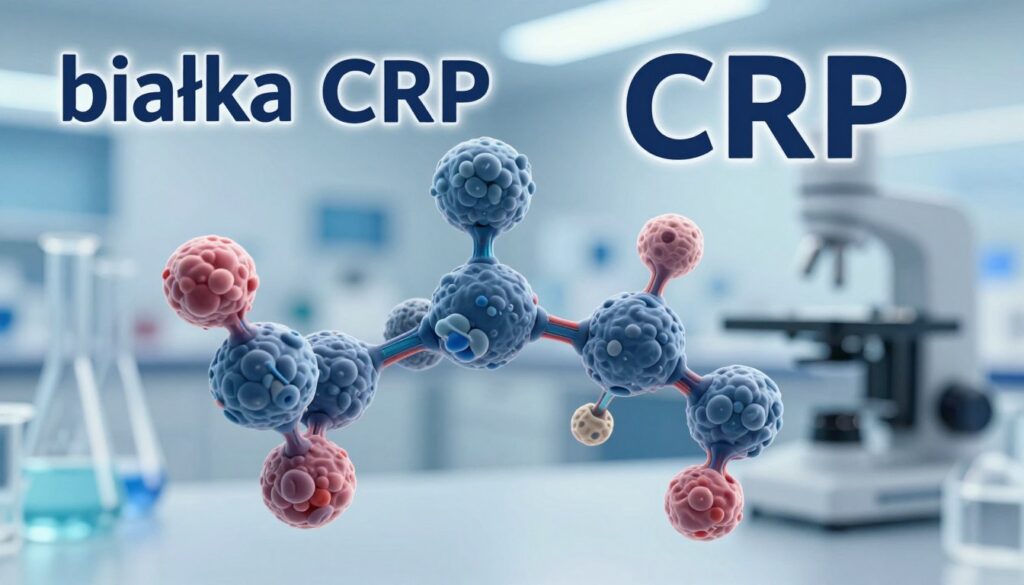 A detailed, high-resolution illustration of "białka CRP" representing C-reactive protein in a clinical context. In the foreground, an artistic representation of CRP molecules, depicted as intricate, interconnected globular structures, highlighting their complex shapes and protein folding. In the middle ground, a pristine laboratory setting with glassware and scientific instruments, emphasizing a high-sensitivity CRP test setup. The background shows an abstract, blurred medical laboratory with soft blue and white lighting, creating a sterile and professional atmosphere. Use a macro lens perspective to focus on the molecular detail, while maintaining a clean and informative composition. The overall mood should be clinical and engaging, catering to an audience interested in diagnostic accuracy.