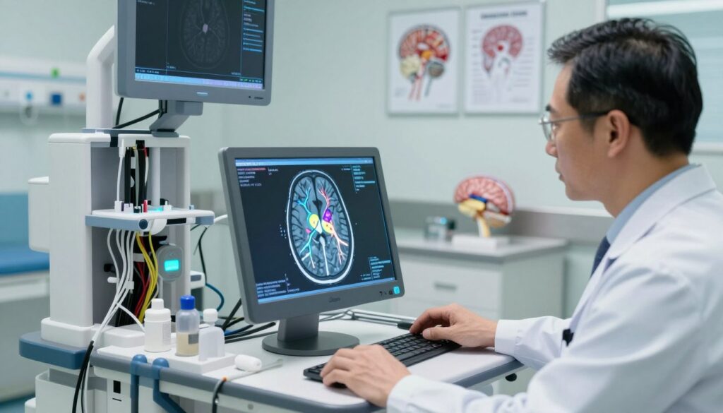 A detailed, high-tech medical scene depicting the diagnostic process of cerebral venous thrombosis. In the foreground, an experienced doctor in professional attire examines a digital screen displaying a colorful MRI scan of the brain, highlighting the venous sinuses. The middle layer exhibits advanced diagnostic equipment, like a neuroimaging machine with exposed wires and glowing screens. In the background, a well-lit, sterile hospital environment filled with medical charts and anatomical models of the brain. The atmosphere is serious and focused, emphasizing the importance of accurate diagnosis in a clinical setting. Soft, natural lighting illuminates the room, creating a calm yet professional mood. Use a slightly elevated angle to capture the entire scene effectively, with sharp focus on the doctor and the screen while blurring the background gently.
