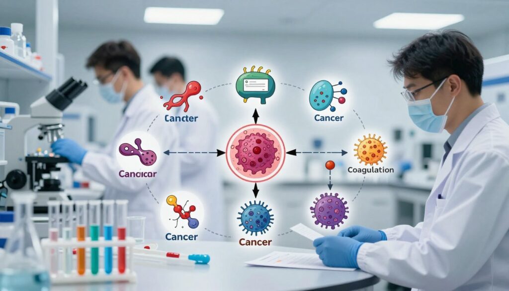 A detailed illustration depicting the relationship between cancer and the coagulation system. In the foreground, a professional-looking laboratory setting with scientific equipment, including test tubes filled with colorful fluids. In the middle, a diagram of the coagulation cascade, showcasing various proteins and enzymes involved in blood clotting, with cancer cells subtly integrated into the diagram. The background features blurred images of laboratory personnel in professional attire engaging in research, adding to the atmosphere of a scientific inquiry. Bright, focused lighting highlights the diagram while softer lighting fills the laboratory, creating a mood of seriousness and exploration. The angle should be slightly above eye-level, providing a comprehensive view of the laboratory environment.