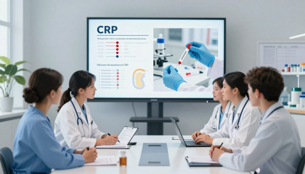 A detailed illustration depicting the significance of CRP in diagnosing cardiovascular diseases. In the foreground, a diverse group of medical professionals, dressed in professional attire, are engaged in a discussion around a modern conference table, with charts and graphs related to CRP levels displayed on digital screens. In the middle ground, a close-up of a lab technician conducting a blood test, highlighting the importance of CRP testing, with equipment and samples in focus. The background features a serene hospital environment with soft, natural lighting that conveys a sense of professionalism and hope. The scene evokes a mood of diligence and collaboration in medical research, while ensuring clarity and focus on the subject matter of CRP in cardiovascular diagnostics. A detailed illustration depicting the significance of CRP in diagnosing cardiovascular diseases. In the foreground, a diverse group of medical professionals, dressed in professional attire, are engaged in a discussion around a modern conference table, with charts and graphs related to CRP levels displayed on digital screens. In the middle ground, a close-up of a lab technician conducting a blood test, highlighting the importance of CRP testing, with equipment and samples in focus. The background features a serene hospital environment with soft, natural lighting that conveys a sense of professionalism and hope. The scene evokes a mood of diligence and collaboration in medical research, while ensuring clarity and focus on the subject matter of CRP in cardiovascular diagnostics.