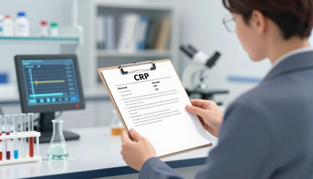 A detailed illustration focusing on the concept of CRP (C-reactive protein) levels in a medical context. In the foreground, display a professional-looking adult human holding a lab report showcasing normal and elevated CRP levels, dressed in smart casual attire. The middle ground features a laboratory setting with test tubes, beakers, and a digital display showing the CRP scale and its implications. In the background, a soft-focus bookshelf filled with medical textbooks hints at a knowledgeable environment. Utilize soft, diffused lighting to create a calm and informative atmosphere, with a slightly angled perspective to enhance depth, giving viewers a sense of engagement with the subject matter while emphasizing professionalism and trust in medical information.