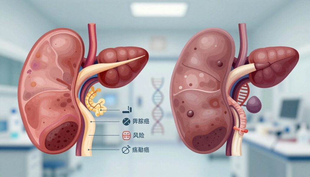 A detailed illustration of a healthy pancreas and a diseased pancreas side by side, showcasing the contrast. In the foreground, highlight the anatomical structure of each pancreas, with vibrant colors depicting healthy tissue versus muted tones for the diseased state. In the middle ground, include subtle graphical representations of genetic markers and risk factors, such as DNA helixes and icons for lifestyle choices (like smoking or diet) that contribute to pancreatic cancer. The background should feature a softly blurred clinical setting, evoking a sense of medical research and discovery. Use soft lighting to create an informative yet calming atmosphere, emphasizing the importance of understanding genetic predispositions and risk factors for disease development. The composition should be clear and educational, suitable for a scientific audience. A detailed illustration of a healthy pancreas and a diseased pancreas side by side, showcasing the contrast. In the foreground, highlight the anatomical structure of each pancreas, with vibrant colors depicting healthy tissue versus muted tones for the diseased state. In the middle ground, include subtle graphical representations of genetic markers and risk factors, such as DNA helixes and icons for lifestyle choices (like smoking or diet) that contribute to pancreatic cancer. The background should feature a softly blurred clinical setting, evoking a sense of medical research and discovery. Use soft lighting to create an informative yet calming atmosphere, emphasizing the importance of understanding genetic predispositions and risk factors for disease development. The composition should be clear and educational, suitable for a scientific audience.