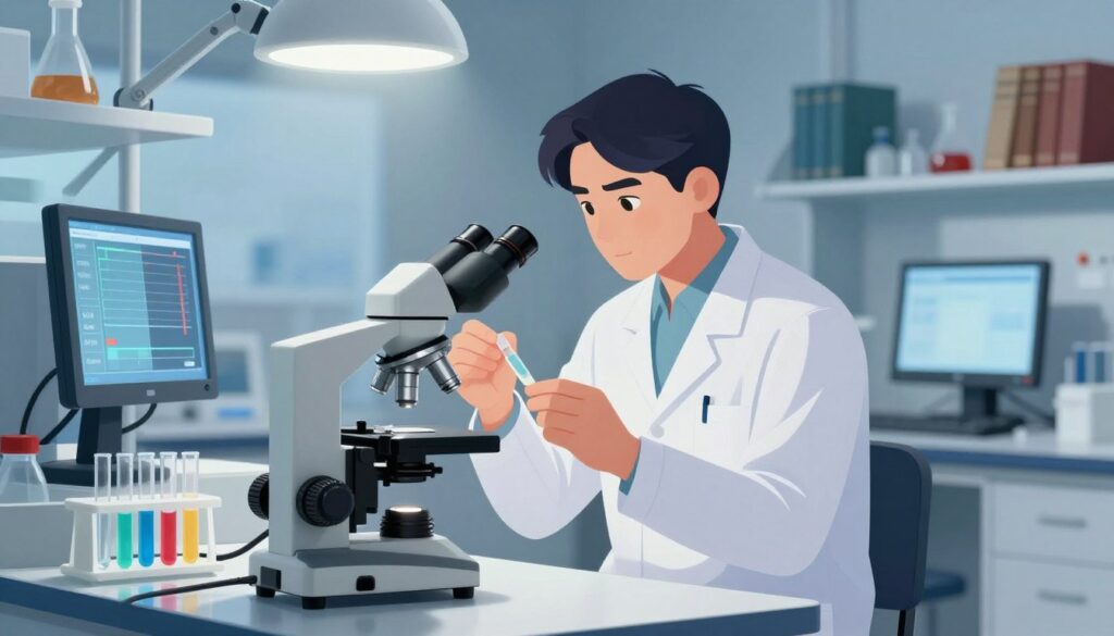 A detailed illustration of a "stanu zapalnego" (inflammatory state) depicted within a laboratory setting. In the foreground, a set of modern medical equipment: a microscope, test tubes filled with colorful liquids, and a digital display showing charts of elevated OB and CRP levels, all sharply illuminated under bright lighting. In the middle ground, a healthcare professional in a white lab coat examines a sample, their expression focused and analytical, suggesting urgency and attention. The background showcases a clean, organized laboratory with shelves containing medical books and scientific artifacts, symbolizing research and knowledge. The overall atmosphere is serious yet enlightening, emphasizing the importance of understanding inflammation and its implications in medical diagnoses, with soft, cool lighting that adds a professional ambiance.