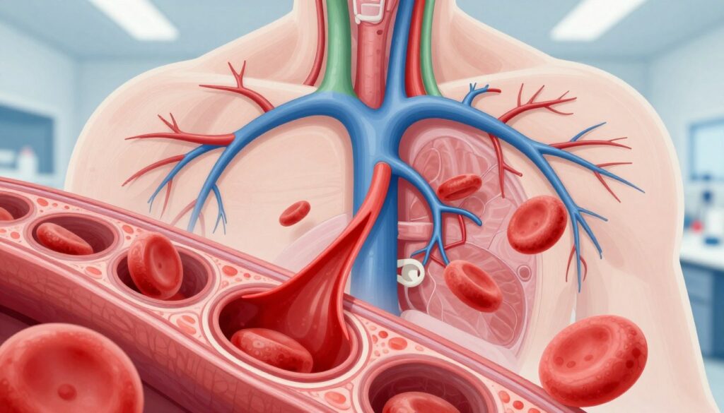 A detailed illustration of blood vessels in a human body, showcasing intricate designs of arteries and veins full of flowing red blood. In the foreground, there is a close-up view of a cross-section of a vein, highlighting the smooth endothelial lining and surrounding connective tissue. In the middle, arteries branch out, demonstrating their elasticity and pulsating rhythm, surrounded by light blue and green hues for contrast. The background features a scientific setting, like a laboratory or an educational backdrop, with soft, diffused lighting to create a clinical and informative atmosphere. The mood is educational and professional, suitable for a health-related article, emphasizing clarity and precision in anatomy.