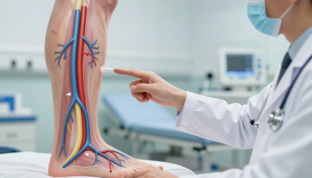 A detailed illustration of deep vein thrombosis (DVT) features a close-up of a human leg anatomy highlighting deep veins. In the foreground, a medical diagram displays the veins in vibrant colors, emphasizing blood flow with arrows. The middle portion captures a healthcare professional in a lab coat, pointing to the diagram with a focus on educational context, showcasing professionalism. The background is a softly blurred hospital setting with medical equipment, creating an atmosphere of clinical awareness. The lighting is bright and sterile, mimicking a well-lit medical environment, with shadows enhancing depth. The entire image conveys a serious, informative mood, suitable for an educational article on risk factors for DVT. A detailed illustration of deep vein thrombosis (DVT) features a close-up of a human leg anatomy highlighting deep veins. In the foreground, a medical diagram displays the veins in vibrant colors, emphasizing blood flow with arrows. The middle portion captures a healthcare professional in a lab coat, pointing to the diagram with a focus on educational context, showcasing professionalism. The background is a softly blurred hospital setting with medical equipment, creating an atmosphere of clinical awareness. The lighting is bright and sterile, mimicking a well-lit medical environment, with shadows enhancing depth. The entire image conveys a serious, informative mood, suitable for an educational article on risk factors for DVT.