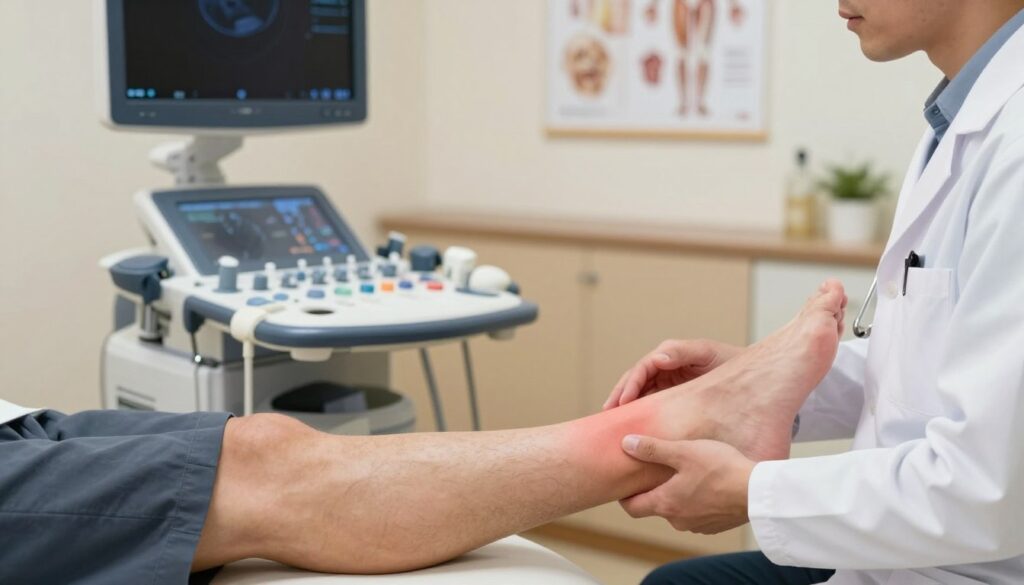 A detailed illustration of deep vein thrombosis (DVT) symptoms. In the foreground, show a medical professional examining a patient’s leg, which is slightly swollen and displaying a subtle redness, indicative of DVT. The middle ground features a variety of diagnostic tools, such as an ultrasound machine and medical charts, suggesting a clinical environment. In the background, a softly lit room with anatomical posters and medical instruments creates an atmosphere of professionalism and care. Use warm, natural lighting to evoke a sense of reassurance. The composition should focus on human anatomy, highlighting the affected area while maintaining a respectful and educational tone. Ensure the medical professional is in smart business attire, providing an appropriate and informative visualization of DVT symptoms. A detailed illustration of deep vein thrombosis (DVT) symptoms. In the foreground, show a medical professional examining a patient’s leg, which is slightly swollen and displaying a subtle redness, indicative of DVT. The middle ground features a variety of diagnostic tools, such as an ultrasound machine and medical charts, suggesting a clinical environment. In the background, a softly lit room with anatomical posters and medical instruments creates an atmosphere of professionalism and care. Use warm, natural lighting to evoke a sense of reassurance. The composition should focus on human anatomy, highlighting the affected area while maintaining a respectful and educational tone. Ensure the medical professional is in smart business attire, providing an appropriate and informative visualization of DVT symptoms.