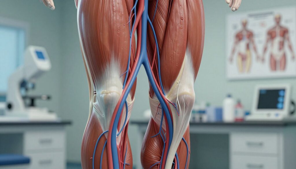 A detailed illustration of deep veins, emphasizing their structure and function in the human leg. In the foreground, a close-up view of the deep veins showcasing intricate details of the vascular network, with a focus on contrasting colors of the veins against surrounding muscle tissue. In the middle ground, the anatomy of the leg is partially visible, including muscle and skin, suggesting the context of medical imaging. The background can show a softly blurred medical laboratory environment, with anatomical charts and diagnostic equipment subtly lit in soft, ambient lighting. The overall mood is informative and clinical, aiming to convey a sense of precision and professionalism in medical diagnostics. The perspective is slightly angled to create depth and enhance realism.