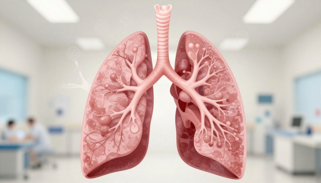 A detailed illustration of human respiratory anatomy, featuring the lungs prominently in the foreground, showcasing intricate bronchi and alveoli structures. The middle ground depicts a subtle, faint overlay of oxygen molecules to represent saturation levels, with emphasis on clarity and organization. In the background, a soft, blurred medical environment filled with neutral tones, enhancing focus on the lungs. The lighting is bright and clinical, with a slight highlight to create a realistic effect, reminiscent of a hospital setting. The composition should evoke a sense of seriousness and professionalism, reflecting the medical context. The angle is slightly top-down, allowing a comprehensive view of the respiratory system. A detailed illustration of human respiratory anatomy, featuring the lungs prominently in the foreground, showcasing intricate bronchi and alveoli structures. The middle ground depicts a subtle, faint overlay of oxygen molecules to represent saturation levels, with emphasis on clarity and organization. In the background, a soft, blurred medical environment filled with neutral tones, enhancing focus on the lungs. The lighting is bright and clinical, with a slight highlight to create a realistic effect, reminiscent of a hospital setting. The composition should evoke a sense of seriousness and professionalism, reflecting the medical context. The angle is slightly top-down, allowing a comprehensive view of the respiratory system.