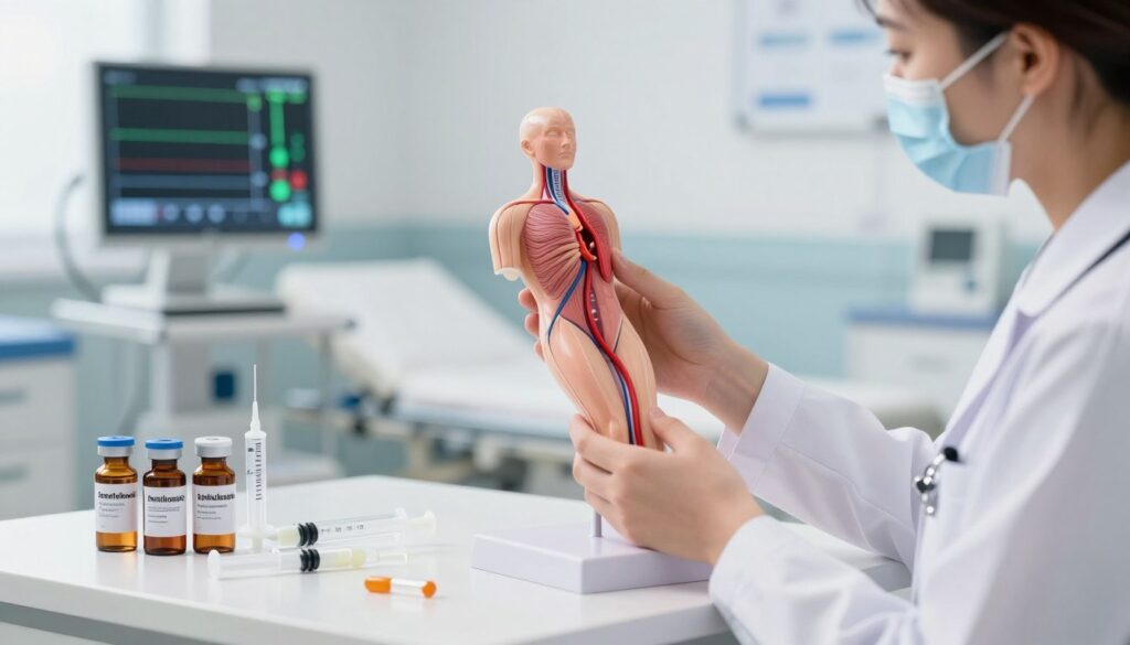 A detailed illustration of pharmacological treatment for venous thrombosis, set in a bright, clinical environment. In the foreground, a healthcare professional in professional attire is examining a model of a human vein, illustrating the location of a thrombus. In the middle ground, there are various medication vials and syringes labeled with well-known anticoagulants, arranged on a clean, white surface. The background features a modern hospital room with soft lighting, showcasing a medical monitor displaying vital signs. The atmosphere is calm and informative, conveying a sense of hope and professionalism, to effectively reflect the importance of medical intervention in venous thrombosis. The image composition uses realistic colors and textures for a lifelike representation.