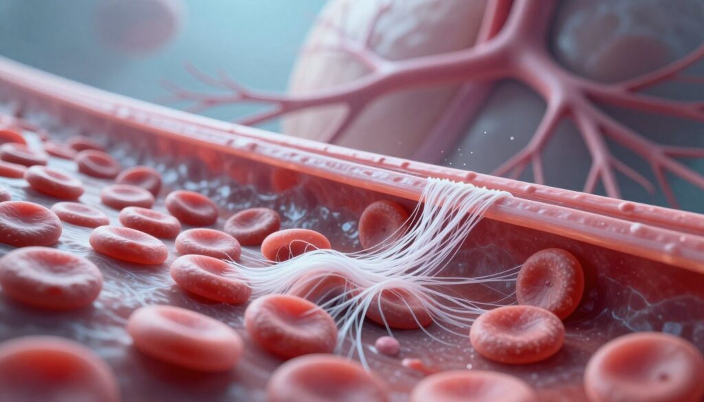 A detailed illustration of the blood coagulation mechanism, focusing on the intricate process of clot formation and the role of fibrinolysis. In the foreground, depict a magnified view of blood cells, platelets aggregating, and the formation of fibrin strands, showcasing the dynamic interaction. The middle ground should include a transparent representation of blood vessels, highlighting areas where clots can form. The background could feature an abstract representation of the circulatory system with flowing blood, surrounded by soft, glowing light to evoke a sense of movement and life. Use crisp, clinical lighting to emphasize the details and textures, with a slightly cool color palette to reflect the scientific nature of the subject. Aim for a professional and informative mood, inviting viewers to explore the complexity of blood coagulation. A detailed illustration of the blood coagulation mechanism, focusing on the intricate process of clot formation and the role of fibrinolysis. In the foreground, depict a magnified view of blood cells, platelets aggregating, and the formation of fibrin strands, showcasing the dynamic interaction. The middle ground should include a transparent representation of blood vessels, highlighting areas where clots can form. The background could feature an abstract representation of the circulatory system with flowing blood, surrounded by soft, glowing light to evoke a sense of movement and life. Use crisp, clinical lighting to emphasize the details and textures, with a slightly cool color palette to reflect the scientific nature of the subject. Aim for a professional and informative mood, inviting viewers to explore the complexity of blood coagulation.