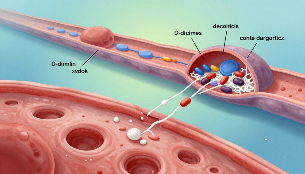 A detailed illustration of the mechanism of D-dimer formation in the bloodstream, showcasing fibrin degradation. In the foreground, depict a close-up view of blood plasma with highlighted D-dimer molecules, resembling small, fragmented pieces of fibrin. In the middle ground, incorporate a simplified diagram of clot formation and breakdown, featuring platelets, fibrin strands, and enzymes like plasmin. In the background, use a gradient of soft blues and greens to represent a healthy circulatory system. The scene should be illuminated with soft, diffused lighting to create a scientific and clinical atmosphere. The overall mood should be informative and engaging, with a focus on the complexity of blood properties and biochemical reactions. A detailed illustration of the mechanism of D-dimer formation in the bloodstream, showcasing fibrin degradation. In the foreground, depict a close-up view of blood plasma with highlighted D-dimer molecules, resembling small, fragmented pieces of fibrin. In the middle ground, incorporate a simplified diagram of clot formation and breakdown, featuring platelets, fibrin strands, and enzymes like plasmin. In the background, use a gradient of soft blues and greens to represent a healthy circulatory system. The scene should be illuminated with soft, diffused lighting to create a scientific and clinical atmosphere. The overall mood should be informative and engaging, with a focus on the complexity of blood properties and biochemical reactions.
