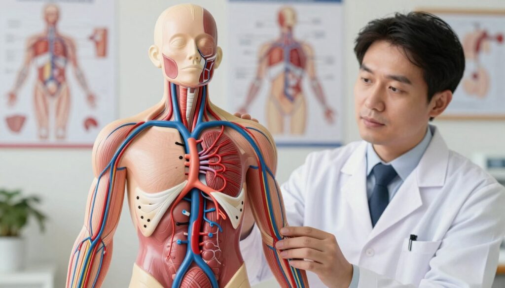 A detailed illustration of venous circulation, showcasing blood flow within the human body. In the foreground, depict a stylized anatomical model of veins in vibrant colors, emphasizing blood movement and the impacts of thrombosis. In the middle ground, include a health professional, dressed in a white lab coat, assessing the model with a thoughtful expression, highlighting a research or educational environment. The background should contain soft-focus anatomical charts and posters related to venous health, creating an informative atmosphere. Use warm, natural lighting to convey a sense of professionalism and care, with a slight focus on the model to draw the viewer's attention. The overall mood should be educational and supportive, promoting understanding of venous health and prevention.