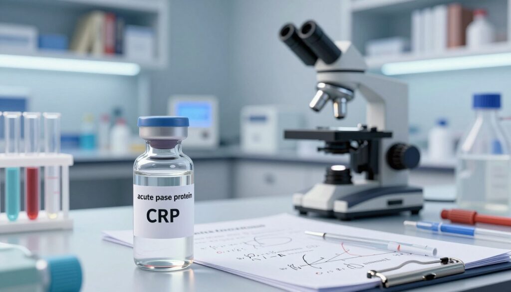 A detailed illustration representing the concept of "acute phase protein concentration" in a laboratory setting. In the foreground, focus on a glass vial filled with a clear liquid, with a label indicating CRP levels. Surrounding it are a few carefully arranged test tubes and pipettes, glistening under soft, diffused LED lighting that creates a sterile, clinical ambiance. In the middle, a modern laboratory bench with a microscope and mathematical formulas related to cancer diagnostics subtly visible on a notepad. The background features shelves filled with scientific books and equipment, slightly blurred to enhance depth. The overall mood is analytical and focused, hinting at the importance of laboratory results in oncological diagnostics, conveying a sense of professionalism and precision in scientific inquiry.