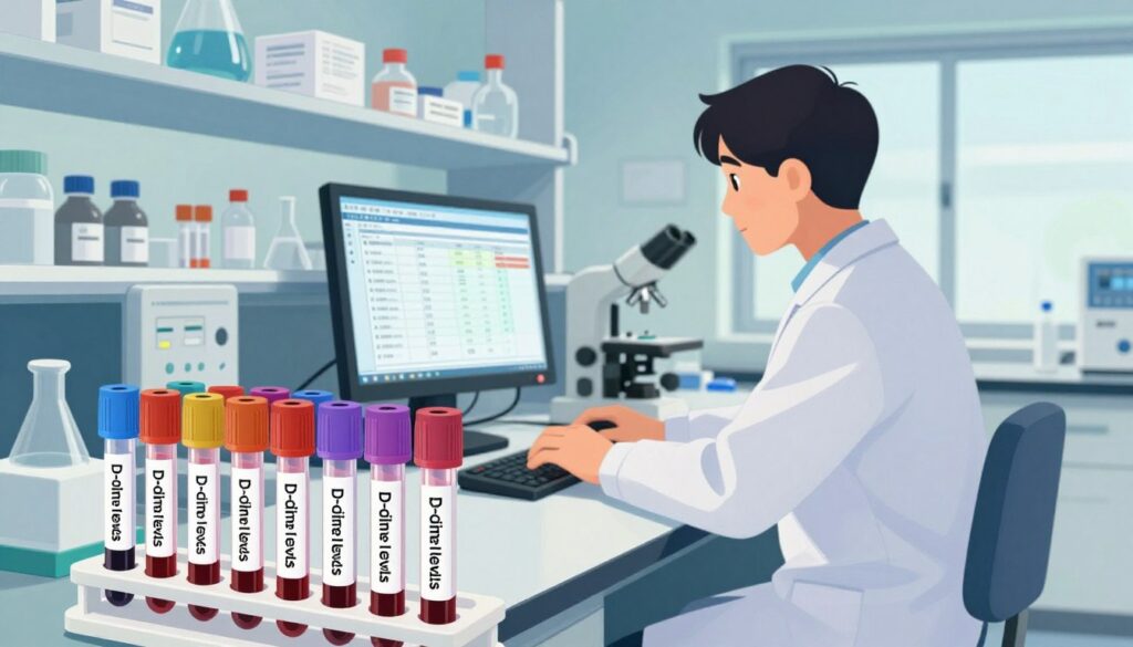 A detailed illustration showcasing "D-dimer levels" in a laboratory context. The foreground features a sterile lab table with a close-up view of blood sample tubes labeled with varying D-dimer levels arranged n an organized manner. In the middle, a lab technician in professional attire is carefully examining a digital monitor displaying results, with a focused expression. The background shows shelves filled with scientific equipment, test kits, and a window allowing soft, natural light to illuminate the scene, creating a calm and inviting atmosphere. The color palette is rich in blues and greens, evoking a sense of professionalism. The image should convey accuracy and seriousness, reflecting the importance of understanding D-dimer testing without implying immediate concern for illness. A detailed illustration showcasing "D-dimer levels" in a laboratory context. The foreground features a sterile lab table with a close-up view of blood sample tubes labeled with varying D-dimer levels arranged n an organized manner. In the middle, a lab technician in professional attire is carefully examining a digital monitor displaying results, with a focused expression. The background shows shelves filled with scientific equipment, test kits, and a window allowing soft, natural light to illuminate the scene, creating a calm and inviting atmosphere. The color palette is rich in blues and greens, evoking a sense of professionalism. The image should convey accuracy and seriousness, reflecting the importance of understanding D-dimer testing without implying immediate concern for illness.