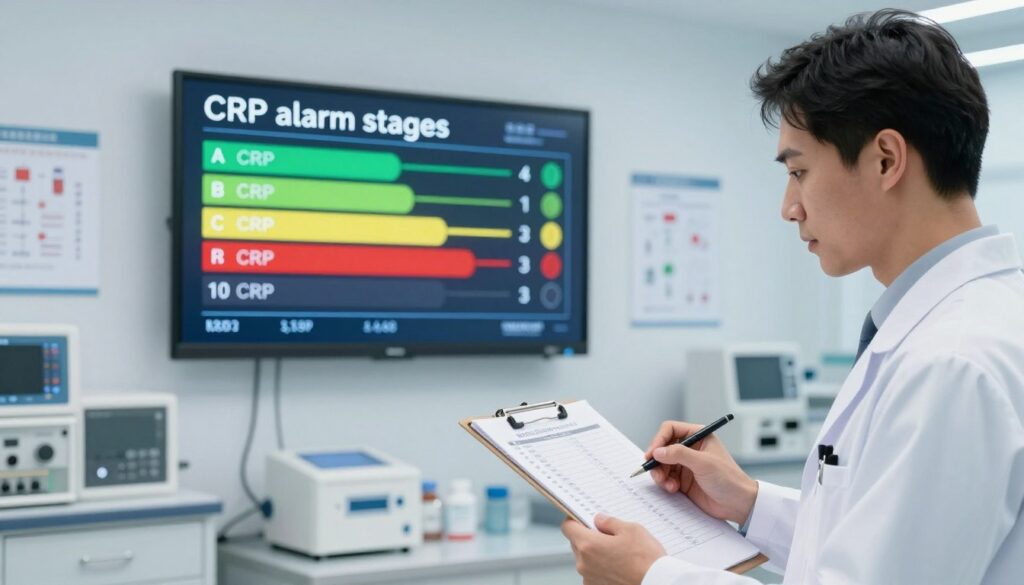 A detailed infographic depicting "CRP alarm stages" in a clinical context, featuring a graduated scale with color-coded sections: green for normal, yellow for caution, and red for critical values. In the foreground, a healthcare professional in a lab coat analyzes lab results on a clipboard, showcasing thoughtful expressions. The middle ground highlights a digital display board illustrating the CRP values and corresponding alarm levels, sleek and modern in design. The background features a clean, bright hospital laboratory with medical equipment and charts on the walls, emphasizing a sterile, professional atmosphere. Soft, natural lighting enhances clarity, focusing attention on the elements without distractions. The overall mood conveys urgency and professionalism in managing medical conditions. A detailed infographic depicting "CRP alarm stages" in a clinical context, featuring a graduated scale with color-coded sections: green for normal, yellow for caution, and red for critical values. In the foreground, a healthcare professional in a lab coat analyzes lab results on a clipboard, showcasing thoughtful expressions. The middle ground highlights a digital display board illustrating the CRP values and corresponding alarm levels, sleek and modern in design. The background features a clean, bright hospital laboratory with medical equipment and charts on the walls, emphasizing a sterile, professional atmosphere. Soft, natural lighting enhances clarity, focusing attention on the elements without distractions. The overall mood conveys urgency and professionalism in managing medical conditions.