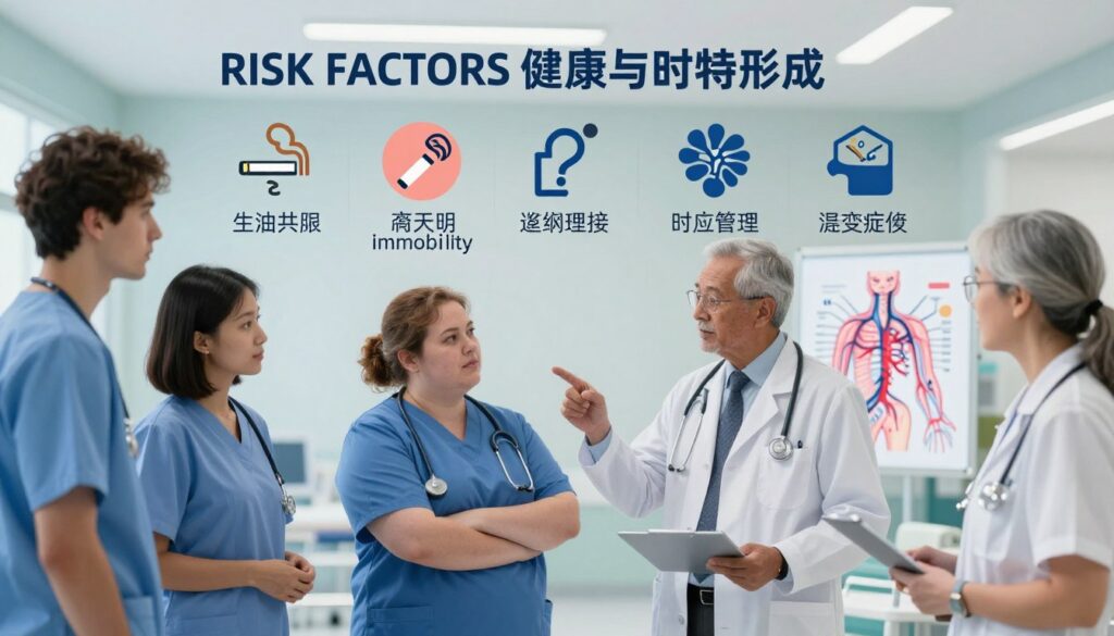 A detailed infographic illustrating risk factors for thrombus formation in patients post-surgery. In the foreground, a diverse group of medical professionals, including a male and female doctor in business attire, discuss various risk factors such as obesity, prolonged immobility, and age, while pointing to a diagram of the circulatory system. The middle ground features highlighted illustrations of lifestyle factors like smoking, hormonal therapy, and genetic predisposition, visually represented as icons or symbols. The background shows a softly lit, modern hospital environment with calming colors and soft shadows to convey professionalism and seriousness. The overall mood is informative and supportive, emphasizing the importance of awareness and prevention in a clinical setting. A detailed infographic illustrating risk factors for thrombus formation in patients post-surgery. In the foreground, a diverse group of medical professionals, including a male and female doctor in business attire, discuss various risk factors such as obesity, prolonged immobility, and age, while pointing to a diagram of the circulatory system. The middle ground features highlighted illustrations of lifestyle factors like smoking, hormonal therapy, and genetic predisposition, visually represented as icons or symbols. The background shows a softly lit, modern hospital environment with calming colors and soft shadows to convey professionalism and seriousness. The overall mood is informative and supportive, emphasizing the importance of awareness and prevention in a clinical setting.