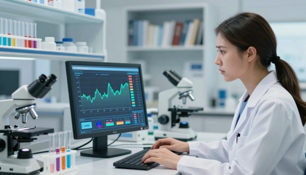 A detailed, informative infographic depicting the significance of elevated D-dimer levels in disease diagnostics. In the foreground, a professional-looking female doctor in a lab coat examines a digital screen displaying fluctuating D-dimer values, with a concerned yet focused expression. In the middle ground, elements include a laboratory setting with test tubes, medical charts, and a visible microscope with vibrant biological samples. The background features softly blurred medical bookshelves, creating a sense of depth and professionalism. The lighting is bright and clinical, mimicking a well-lit laboratory environment, emphasizing clarity and focus. The overall mood conveys seriousness and urgency in medical diagnostics, with a color palette of blues and whites to instill trust and professionalism. A detailed, informative infographic depicting the significance of elevated D-dimer levels in disease diagnostics. In the foreground, a professional-looking female doctor in a lab coat examines a digital screen displaying fluctuating D-dimer values, with a concerned yet focused expression. In the middle ground, elements include a laboratory setting with test tubes, medical charts, and a visible microscope with vibrant biological samples. The background features softly blurred medical bookshelves, creating a sense of depth and professionalism. The lighting is bright and clinical, mimicking a well-lit laboratory environment, emphasizing clarity and focus. The overall mood conveys seriousness and urgency in medical diagnostics, with a color palette of blues and whites to instill trust and professionalism.