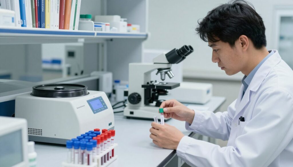 A detailed laboratory scene showcasing "blood tests for thrombosis". In the foreground, a professional laboratory technician in a white lab coat examines blood samples in test tubes, with an array of colorful vials and equipment around them. In the middle, a well-organized lab bench features various medical devices like a centrifuge, microscope, and diagnostic tools, indicating a thorough examination process. The background includes shelves lined with medical journals and equipment, softly blurred to maintain focus on the technician and samples. The lighting is bright but soft, creating a sterile yet inviting atmosphere. The angle captures intensity and professionalism, emphasizing precision in medical testing. A detailed laboratory scene showcasing "blood tests for thrombosis". In the foreground, a professional laboratory technician in a white lab coat examines blood samples in test tubes, with an array of colorful vials and equipment around them. In the middle, a well-organized lab bench features various medical devices like a centrifuge, microscope, and diagnostic tools, indicating a thorough examination process. The background includes shelves lined with medical journals and equipment, softly blurred to maintain focus on the technician and samples. The lighting is bright but soft, creating a sterile yet inviting atmosphere. The angle captures intensity and professionalism, emphasizing precision in medical testing.