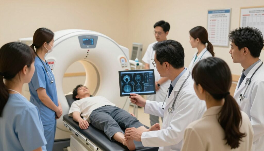 A detailed medical diagnostic scene focused on the cavernous sinus examination. In the foreground, a diverse group of healthcare professionals wearing professional business attire, including a male doctor in a white coat with a stethoscope, reviewing medical images on a digital monitor. In the middle, a patient reclines comfortably on an examination table, with medical equipment such as an MRI machine subtly visible. The background features hospital details like sterile walls, medical charts, and soft lighting that creates a calm, clinical atmosphere. Use warm, natural lighting to evoke trust and professionalism, captured from a slightly elevated angle to encompass the examination process.