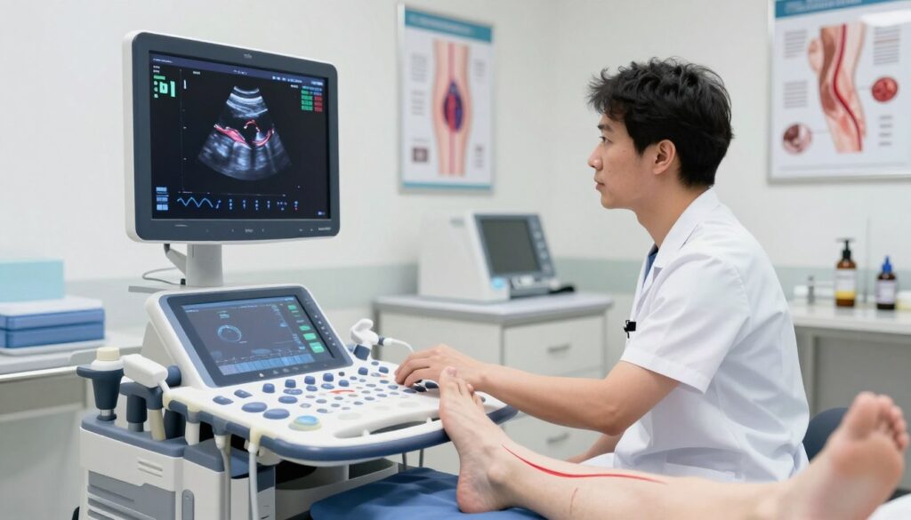 A detailed medical illustration depicting a USG Doppler scan of deep veins in a clinical setting. In the foreground, a sleek ultrasound machine displays colorful Doppler images of blood flow, with clear indications of healthy versus obstructed veins. The middle ground features a healthcare professional in professional attire, carefully examining the ultrasound monitor, demonstrating focus and expertise. Soft, diffused lighting illuminates the scene, creating a calm and sterile atmosphere typical of a medical environment. The background showcases a well-organized, modern examination room, with medical posters related to vascular health. The overall mood conveys professionalism and meticulous attention to detail, emphasizing the importance of imaging studies in assessing vascular patency.