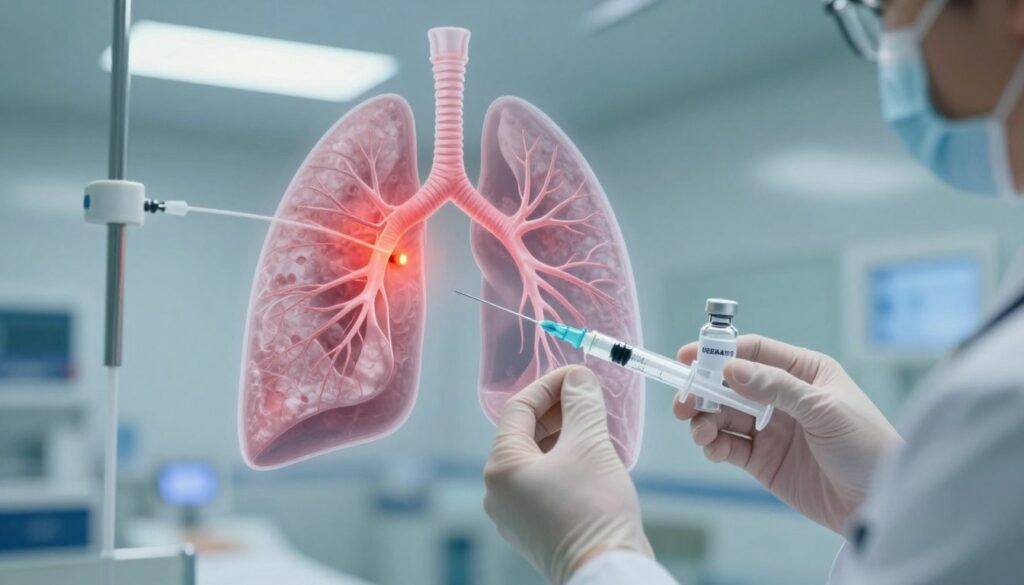 A detailed medical illustration depicting a clinical scenario of pulmonary embolism treated with heparin. In the foreground, a focused view of a doctor's hand administering heparin via an injection, showcasing the syringe and vial clearly. In the middle ground, a semi-transparent overlay of an anatomical diagram of the lungs and blood vessels affected by embolism, with highlighted areas indicating obstruction. In the background, a sterile hospital environment with soft, diffused lighting to evoke a sense of urgency and professionalism. The color palette should be composed of calming blues and whites, reflecting a medical atmosphere. The scene should convey a sense of action and precision in emergency treatment, emphasizing the importance of heparin in acute care.