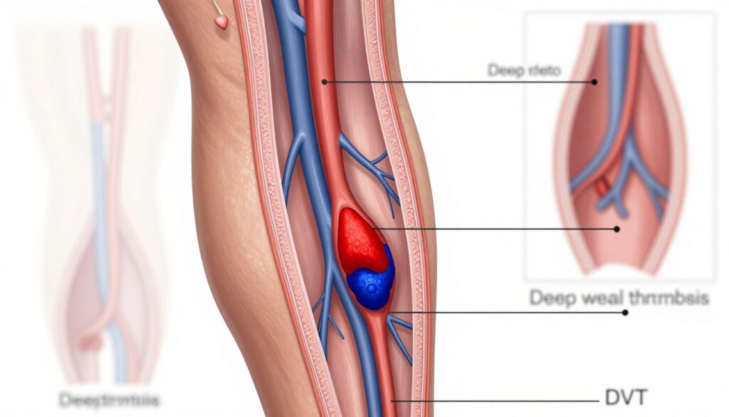 A detailed medical illustration depicting a cross-section of the human leg, highlighting deep vein thrombosis (DVT) in a professional and educational manner. In the foreground, clearly visualize affected deep veins with clot formations, using vibrant colors to indicate the clot (e.g., bright red or dark blue). The middle layer should include anatomical details such as surrounding healthy veins and arteries, all presented in a realistic style. In the background, incorporate subtle labels or diagrams illustrating normal vs. affected veins, maintaining a clean, sterile aesthetic. Soft, even lighting enhances the clarity of the image, and a slightly angled view gives depth to the anatomical structures, creating a serious and informative atmosphere suitable for a medical article. A detailed medical illustration depicting a cross-section of the human leg, highlighting deep vein thrombosis (DVT) in a professional and educational manner. In the foreground, clearly visualize affected deep veins with clot formations, using vibrant colors to indicate the clot (e.g., bright red or dark blue). The middle layer should include anatomical details such as surrounding healthy veins and arteries, all presented in a realistic style. In the background, incorporate subtle labels or diagrams illustrating normal vs. affected veins, maintaining a clean, sterile aesthetic. Soft, even lighting enhances the clarity of the image, and a slightly angled view gives depth to the anatomical structures, creating a serious and informative atmosphere suitable for a medical article.