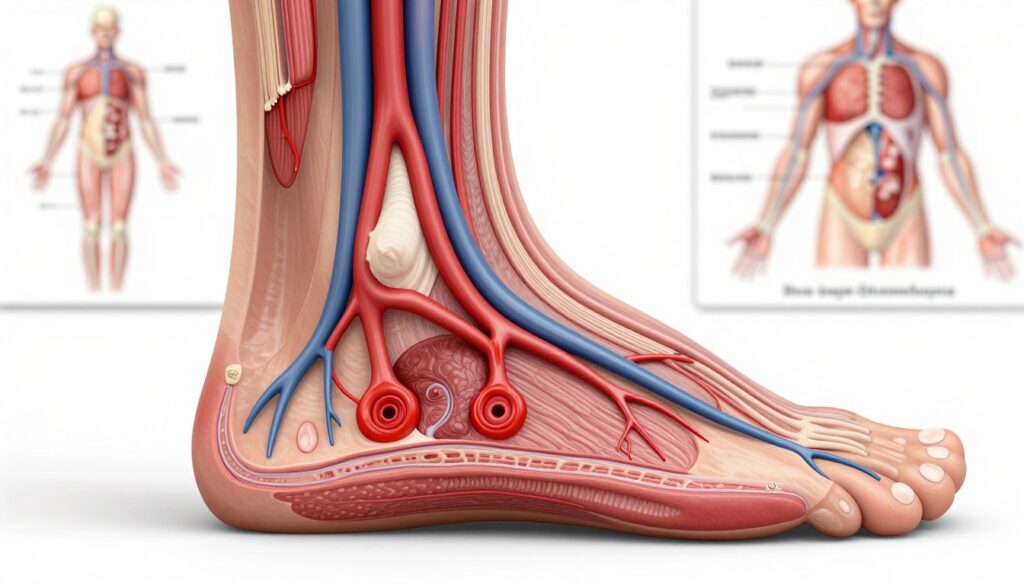 A detailed medical illustration depicting deep vein thrombosis (DVT) in a leg, showcasing the venous system with blood clots clearly highlighted within the deep veins. In the foreground, a cross-sectional view of the leg is presented, with arteries and veins color-coded for clarity. The middle layer emphasizes the blood clots in the veins, rendered in a distinguishable color like red, contrasting with the surrounding healthy tissue in a muted, realistic tone. The background features a soft focus on anatomical diagrams, enhancing the medical context. The lighting is bright and clinical, simulating a laboratory setting, while maintaining an educational and informative atmosphere. The image should adhere to a high level of anatomical accuracy, with no human figures or text.