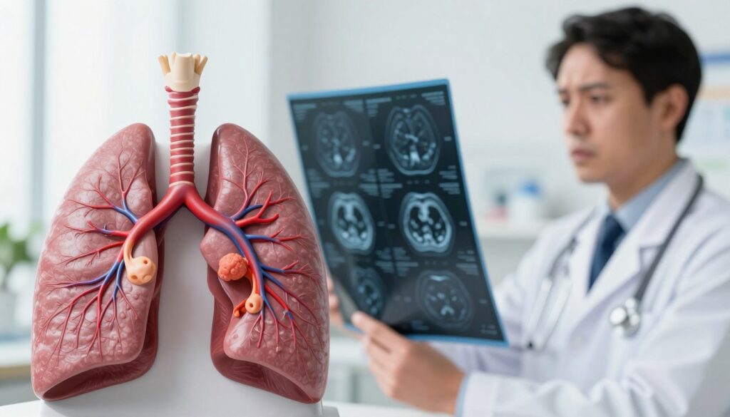 A detailed medical illustration depicting pulmonary embolism. In the foreground, a detailed anatomical model of the human lungs, showcasing blood clots within pulmonary vessels, highlighting their blockage. In the middle ground, a healthcare professional in a white coat, examining a set of MRI or CT scan images, looking concerned yet reassured. The background features a soft-focus hospital environment, emphasizing a sense of care and urgency. Soft, natural lighting illuminates the scene, creating a clinical and informative atmosphere. The angle is slightly above eye level, providing a comprehensive view of the model and the healthcare professional's focused expression. The overall mood is serious yet hopeful, reflecting the importance of anticoagulant treatment standards for pulmonary embolism. A detailed medical illustration depicting pulmonary embolism. In the foreground, a detailed anatomical model of the human lungs, showcasing blood clots within pulmonary vessels, highlighting their blockage. In the middle ground, a healthcare professional in a white coat, examining a set of MRI or CT scan images, looking concerned yet reassured. The background features a soft-focus hospital environment, emphasizing a sense of care and urgency. Soft, natural lighting illuminates the scene, creating a clinical and informative atmosphere. The angle is slightly above eye level, providing a comprehensive view of the model and the healthcare professional's focused expression. The overall mood is serious yet hopeful, reflecting the importance of anticoagulant treatment standards for pulmonary embolism.