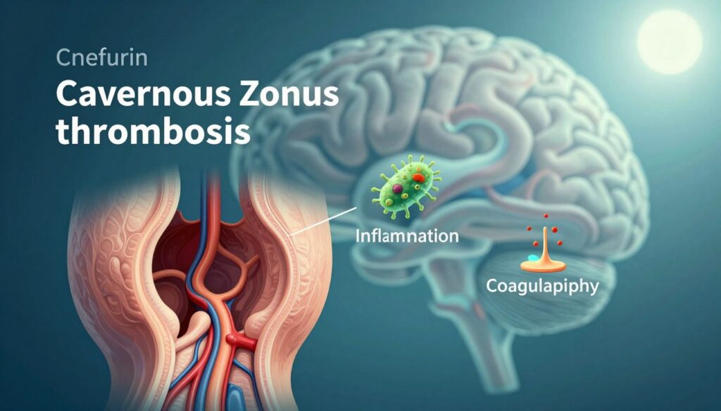 A detailed medical illustration depicting the causes of cavernous sinus thrombosis. In the foreground, an anatomically accurate diagram of the cavernous sinus is presented, showcasing blood flow and potential blockage points. In the middle ground, include depictions of factors such as inflammation, infection, and coagulopathy, illustrated by symbolic icons (like a bacteria representation and clotting factors). The background should feature a soft-focus abstract representation of the brain and blood vessels, emphasizing the complexity of the circulatory system. Use cool, clinical colors like blues and greens to create a professional atmosphere, with a bright light source from the top right to enhance visibility of details, making it suitable for educational use. The overall mood should be informative and engaging, while remaining professional and clear.