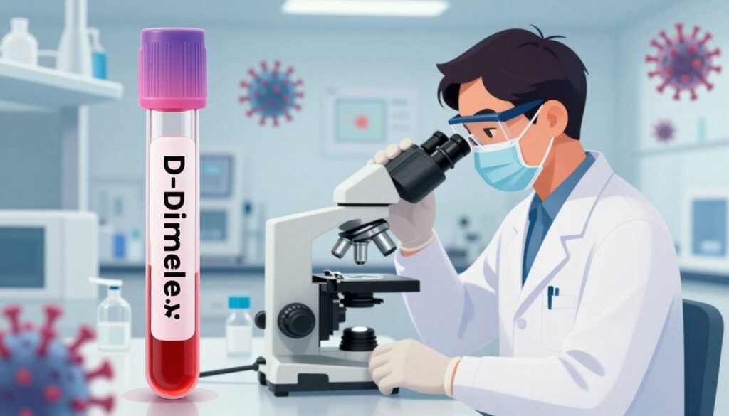 A detailed medical illustration of D-dimer levels in blood samples, emphasizing the changes caused by COVID-19 infection. In the foreground, a clear, labeled test tube showcasing a vibrant blood sample with elevated D-dimer levels, under soft, focused lighting to highlight its transparency and color. In the middle ground, a professional lab technician in a white lab coat, wearing gloves and safety goggles, examines the sample with a microscope, capturing their concentration and expertise. The background features a modern laboratory setting, complete with lab equipment, sterile surfaces, and subtle hints of COVID-19 related visuals, such as virus models or charts on the walls, all in soft focus to maintain attention on the foreground elements. The mood is clinical, precise, and informative, conveying the significance of the data represented. A detailed medical illustration of D-dimer levels in blood samples, emphasizing the changes caused by COVID-19 infection. In the foreground, a clear, labeled test tube showcasing a vibrant blood sample with elevated D-dimer levels, under soft, focused lighting to highlight its transparency and color. In the middle ground, a professional lab technician in a white lab coat, wearing gloves and safety goggles, examines the sample with a microscope, capturing their concentration and expertise. The background features a modern laboratory setting, complete with lab equipment, sterile surfaces, and subtle hints of COVID-19 related visuals, such as virus models or charts on the walls, all in soft focus to maintain attention on the foreground elements. The mood is clinical, precise, and informative, conveying the significance of the data represented.